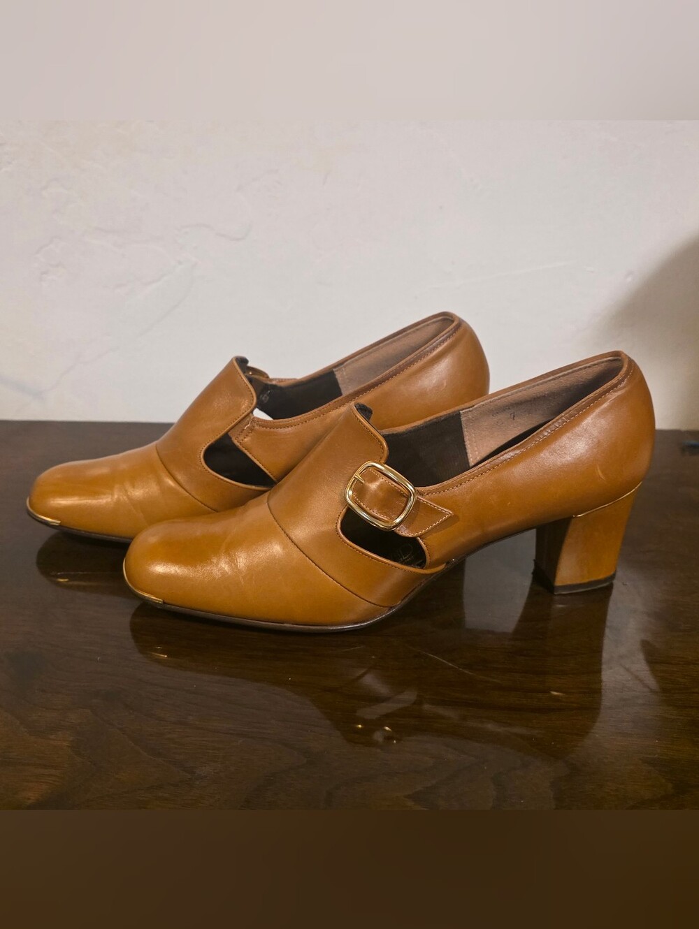 Red Cross Mary Jane Style Leather Heels with Gold Accents